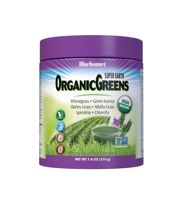 Bluebonnet’s Super Earth® OrganicGreens are the perfect addition to any healthy diet, providing the opportunity to meet the recommended five servings per day of fruits and vegetables in one delicious scoop. Wholesome grasses, such as wheatgrass, barley grass, alfalfa grass and green kamut, plus spirulina and chlorella are some of the most nutrient-dense foods in the world. Each organic grass in this formula is cultivated without chemical fertilizers or pesticides. Plus, these super green foods are grown organically, harvested at their nutritional peak, immediately juiced and dried at low temperatures. This farm-to-table process is important because it preserves the inherent chlorophyll and trace minerals responsible for the detoxifying and cleansing properties of these super foods. The organic greens in this formula are involved in important cellular functions, such as restoring alkalinity, enhancing liver detoxification, and providing key phytonutrients the body needs to remove destructive toxins. While these revitalizing and reinvigorating processes help to promote energy levels, this unique blend of USDA-approved organic grasses along with organic spirulina & chlorella also provide fiber and protein to help support a healthy digestive tract. ♦